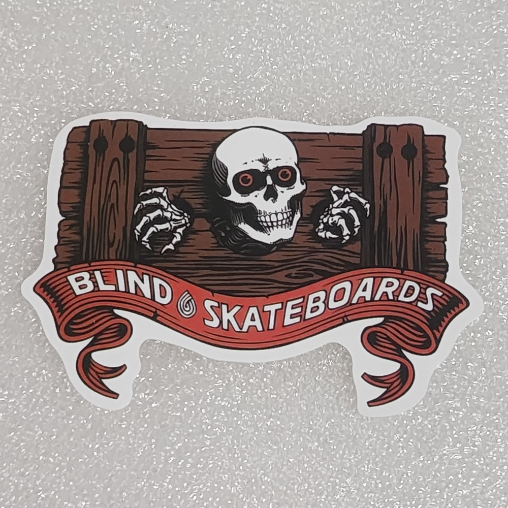 Blind Skateboards wood guillotine skull skeleton hands Sticker New 2" x 3"
